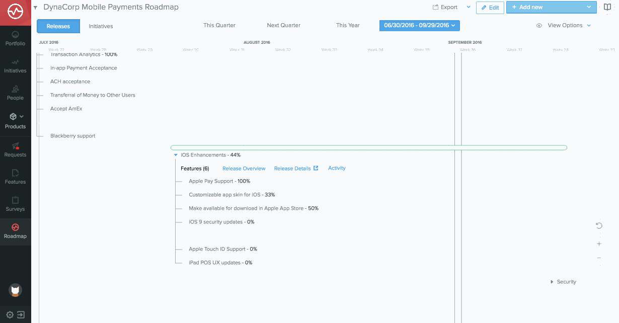 Click a feature you want to edit, and make changes without leaving the roadmap.